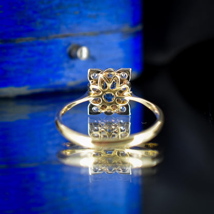 Art Deco Blue Sapphire and Diamond Halo 18ct Yellow Gold and Platinum Ring | Chester 1930