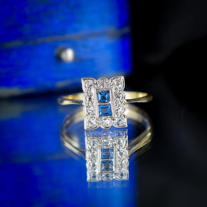 Art Deco Blue Sapphire and Diamond Halo 18ct Yellow Gold and Platinum Ring | Chester 1930