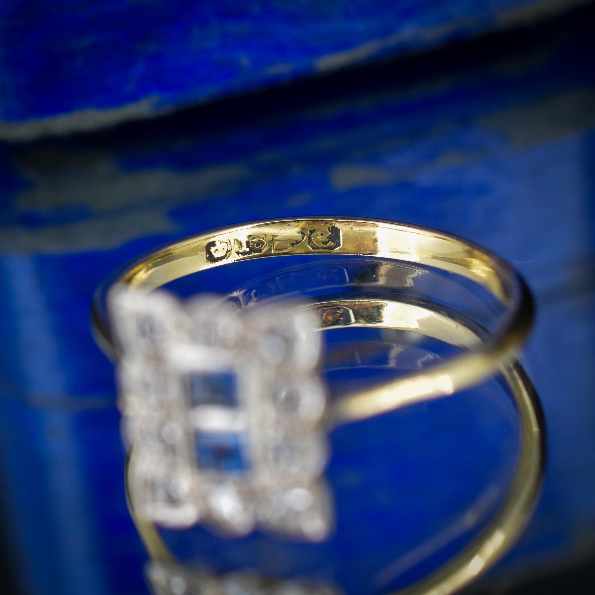 Art Deco Blue Sapphire and Diamond Halo 18ct Yellow Gold and Platinum Ring | Chester 1930