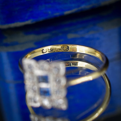 Art Deco Blue Sapphire and Diamond Halo 18ct Yellow Gold and Platinum Ring | Chester 1930