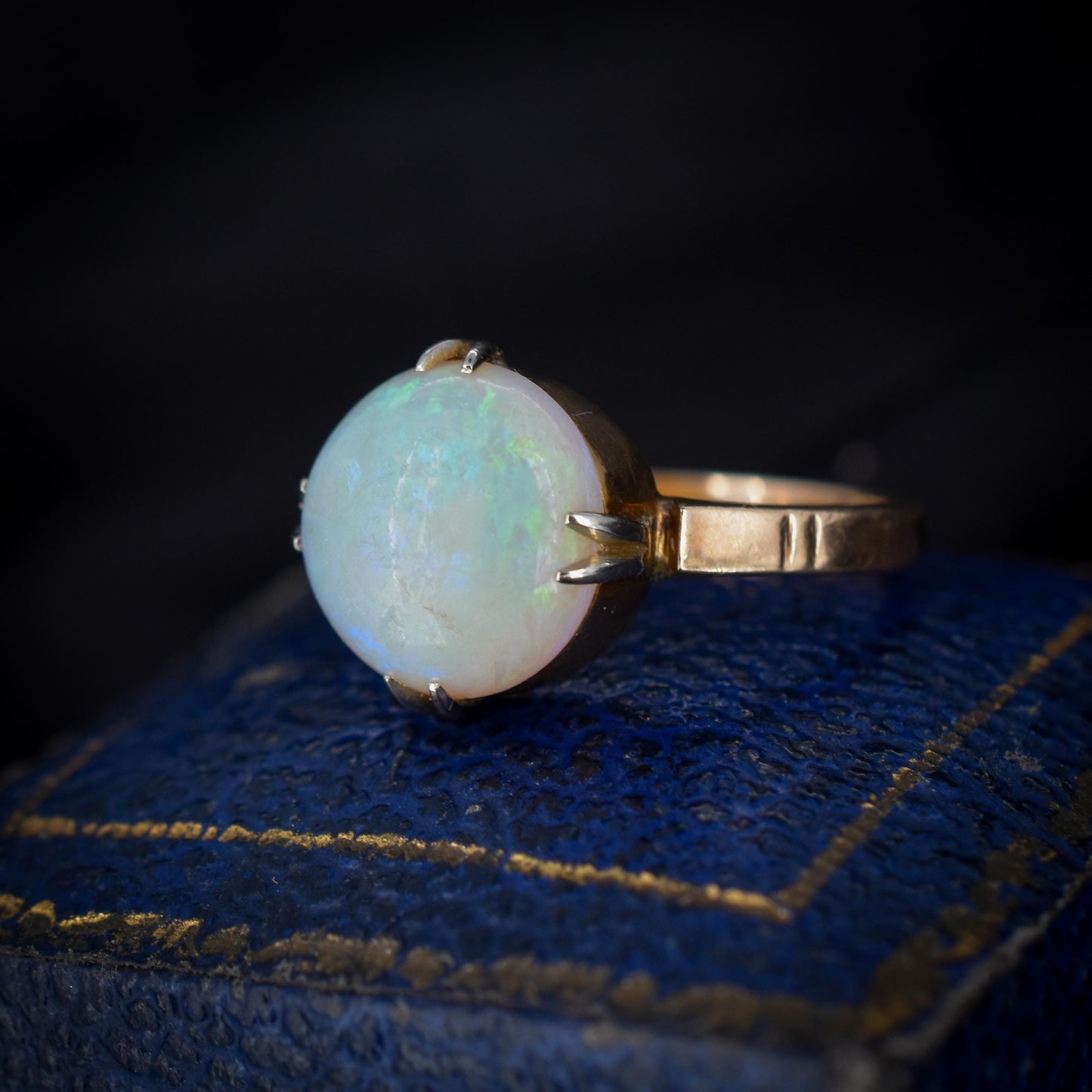 Art Deco Colourful Natural Opal Round Solitaire 9ct Yellow Gold Ring - Chester 1926