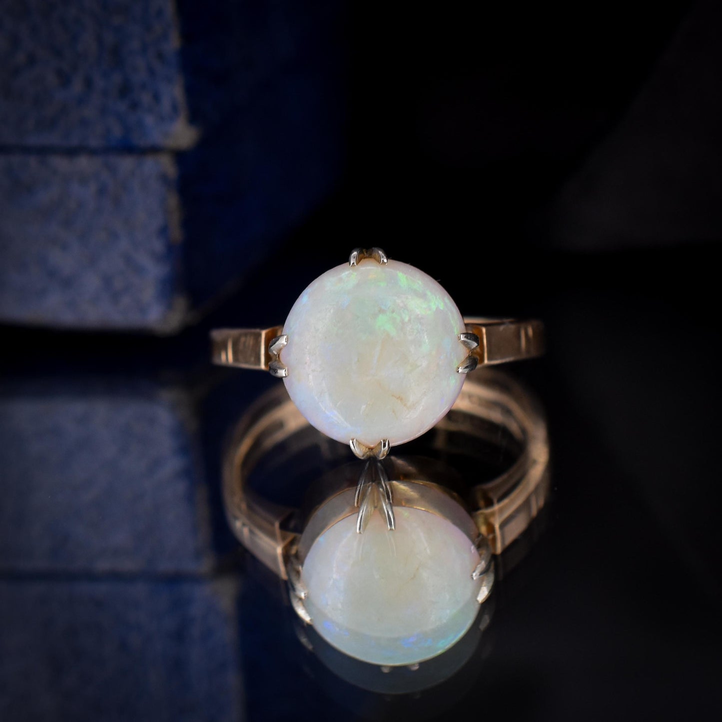 Art Deco Colourful Natural Opal Round Solitaire 9ct Yellow Gold Ring - Chester 1926