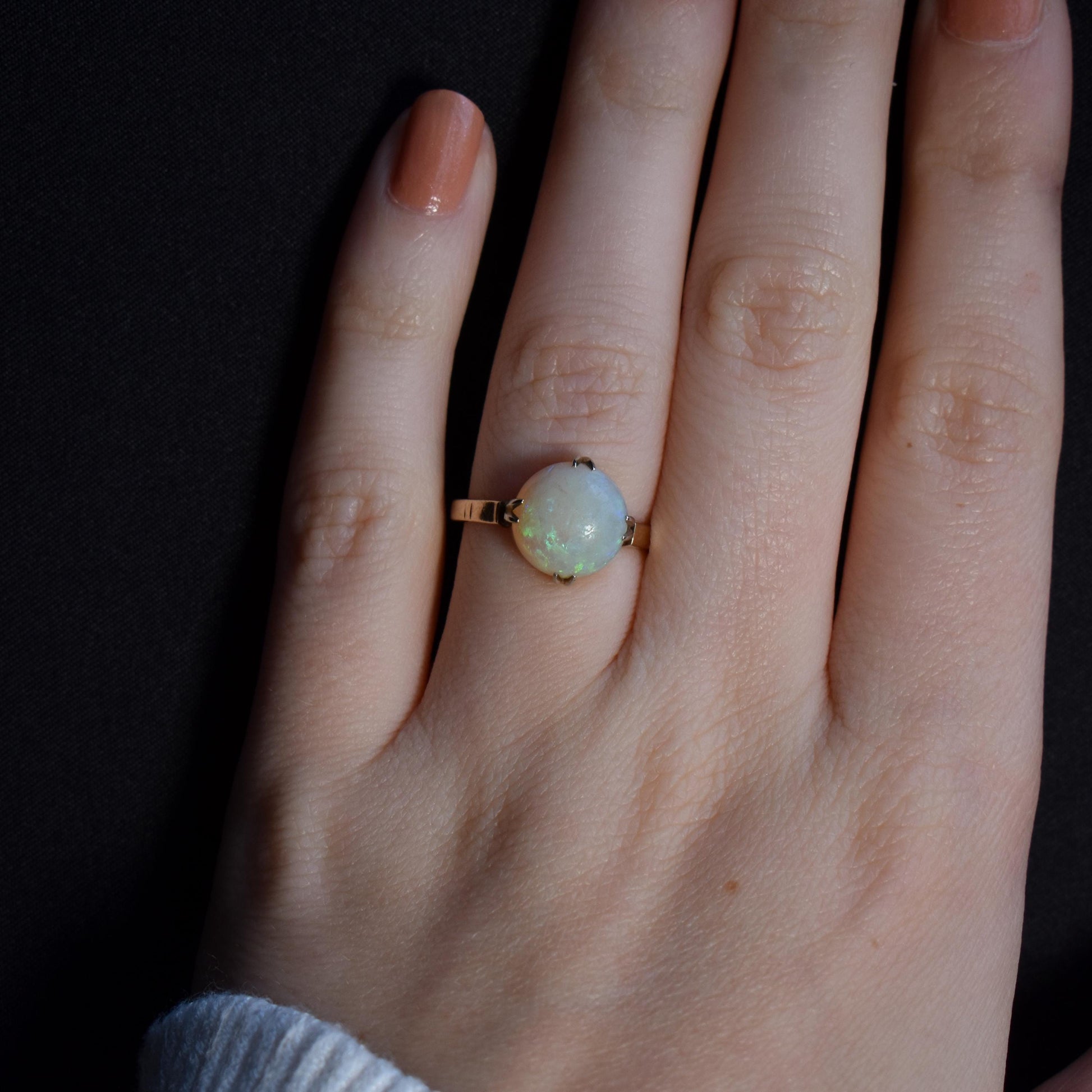 Art Deco Colourful Natural Opal Round Solitaire 9ct Yellow Gold Ring - Chester 1926