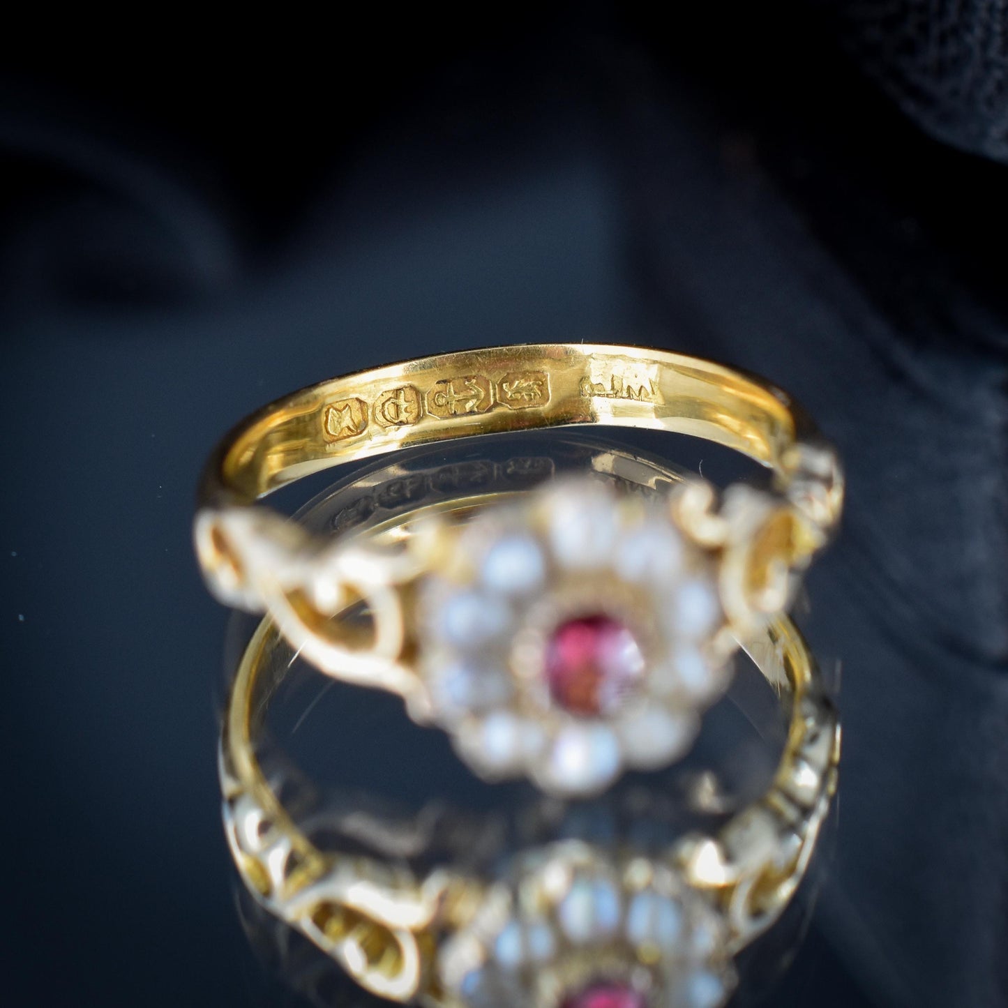 Antique Victorian Pink Tourmaline and Pearl Cluster 22ct Gold Ring