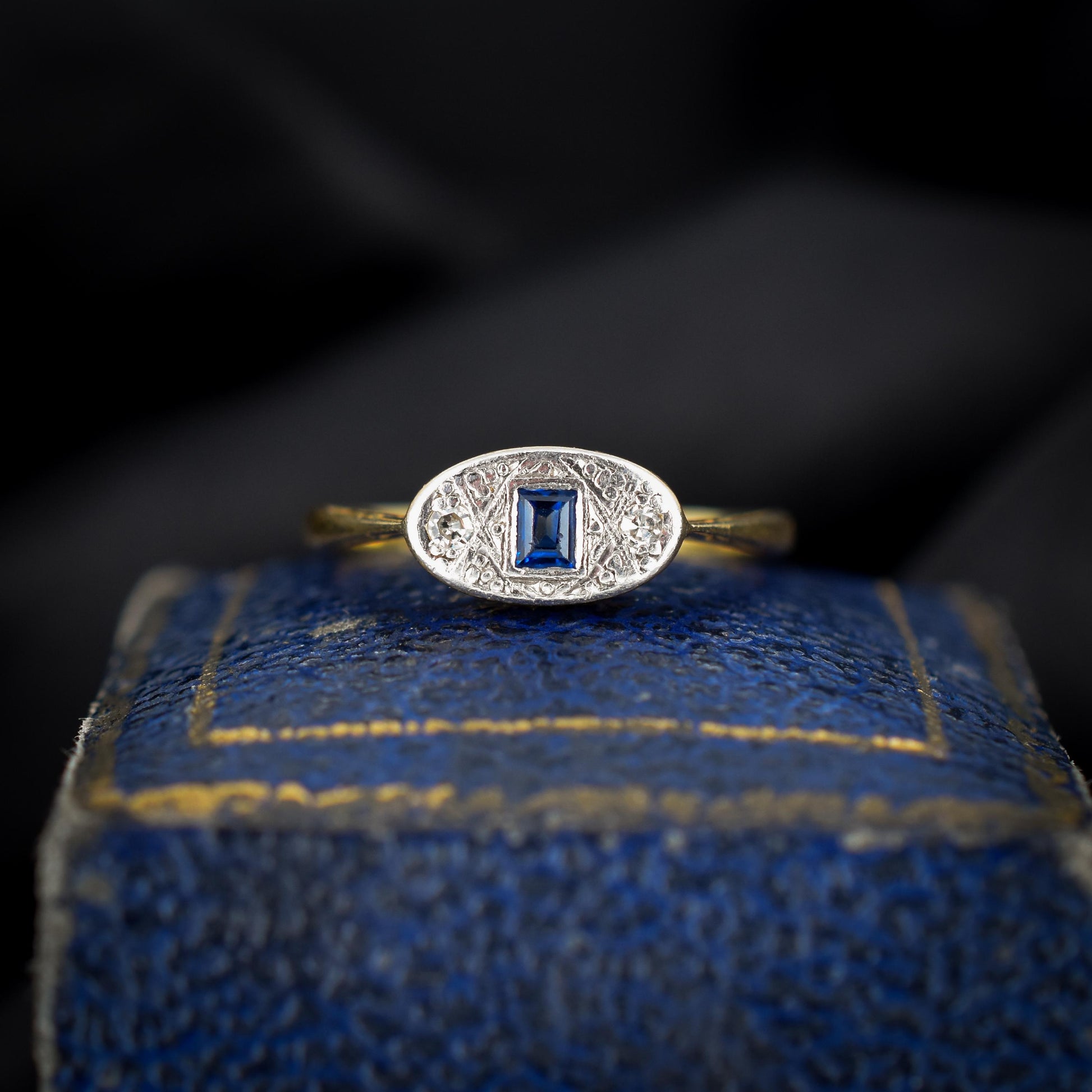 Art Deco Blue Sapphire and Diamond 18ct Yellow Gold and Platinum Ring | Antique