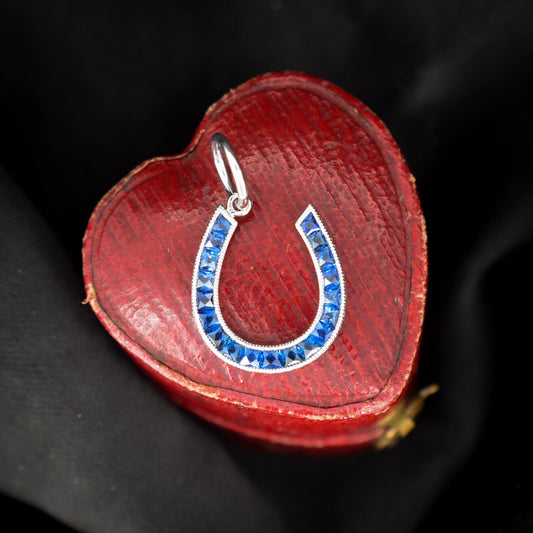 French Cut Royal Blue Sapphire Horseshoe Platinum Charm Pendant - 0.55ct