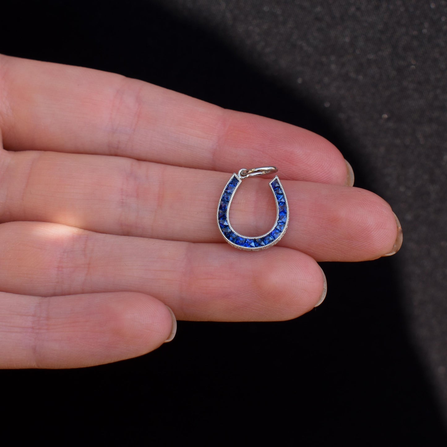 French Cut Royal Blue Sapphire Horseshoe Platinum Charm Pendant - 0.55ct