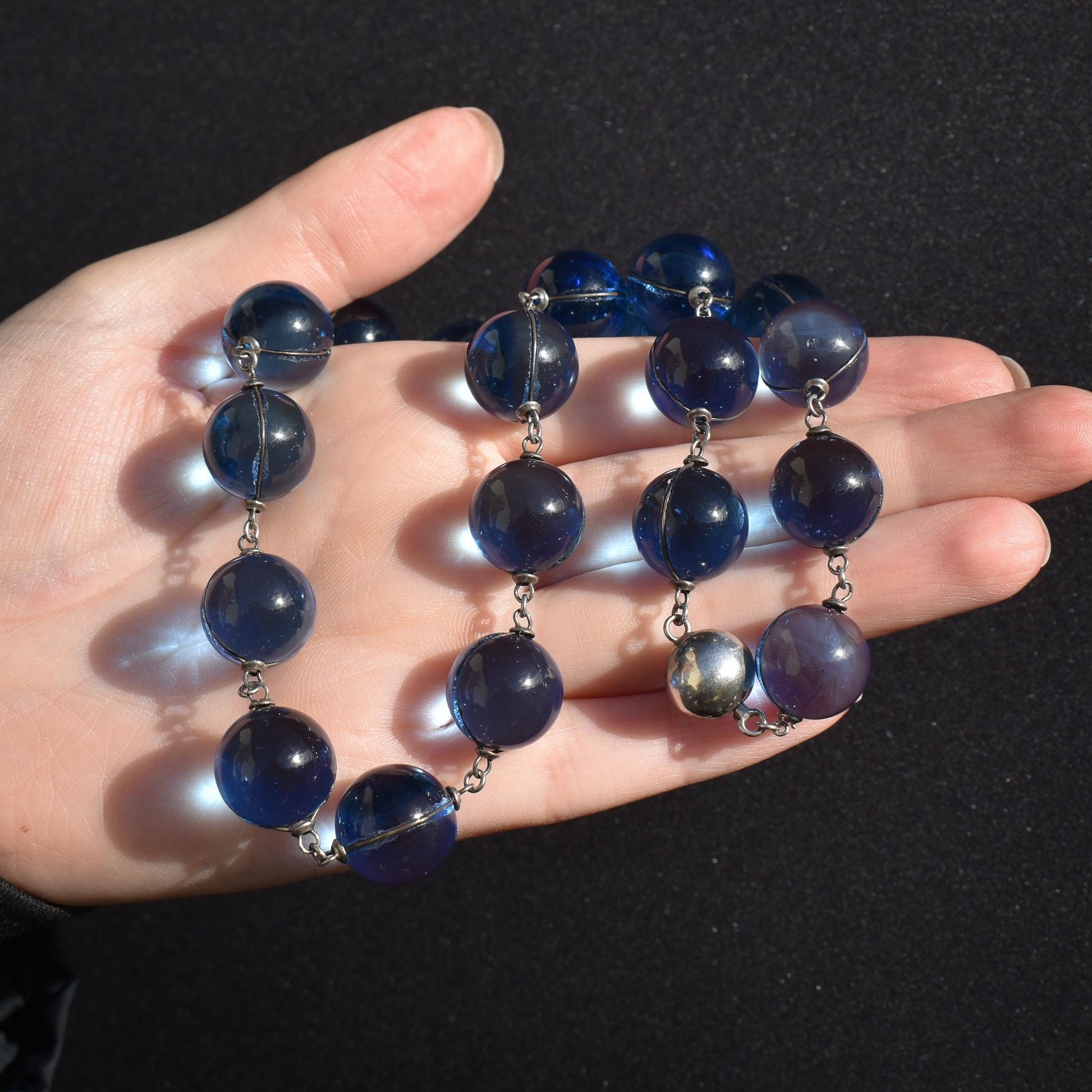 Antique Blue Glass 'Pools of Light' Orb Necklace 18"