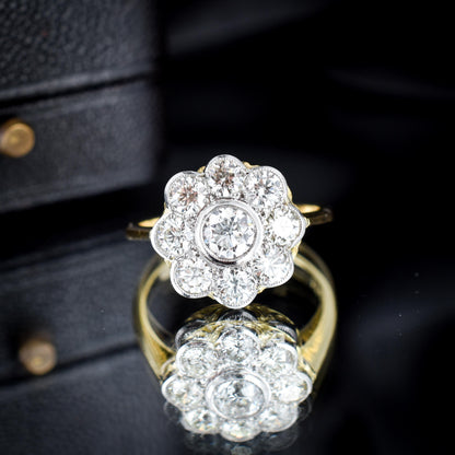 1.70ct Diamond Daisy Cluster Halo 18ct Gold and Platinum Ring | Antique Style