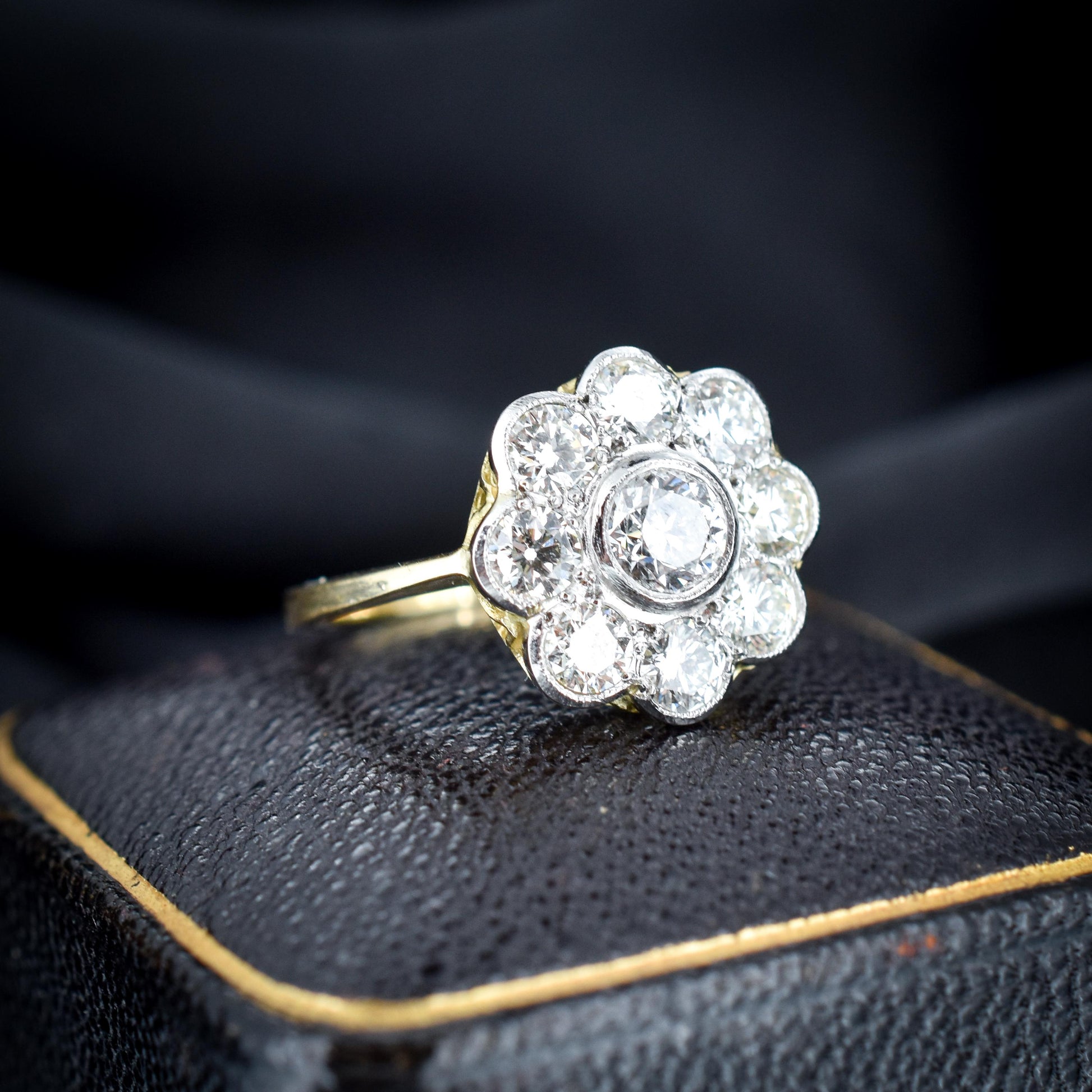 1.70ct Diamond Daisy Cluster Halo 18ct Gold and Platinum Ring | Antique Style