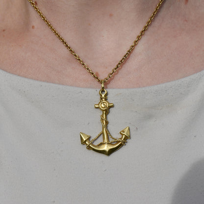 Vintage Large 18ct Yellow Gold Anchor Rope Nautical Pendant