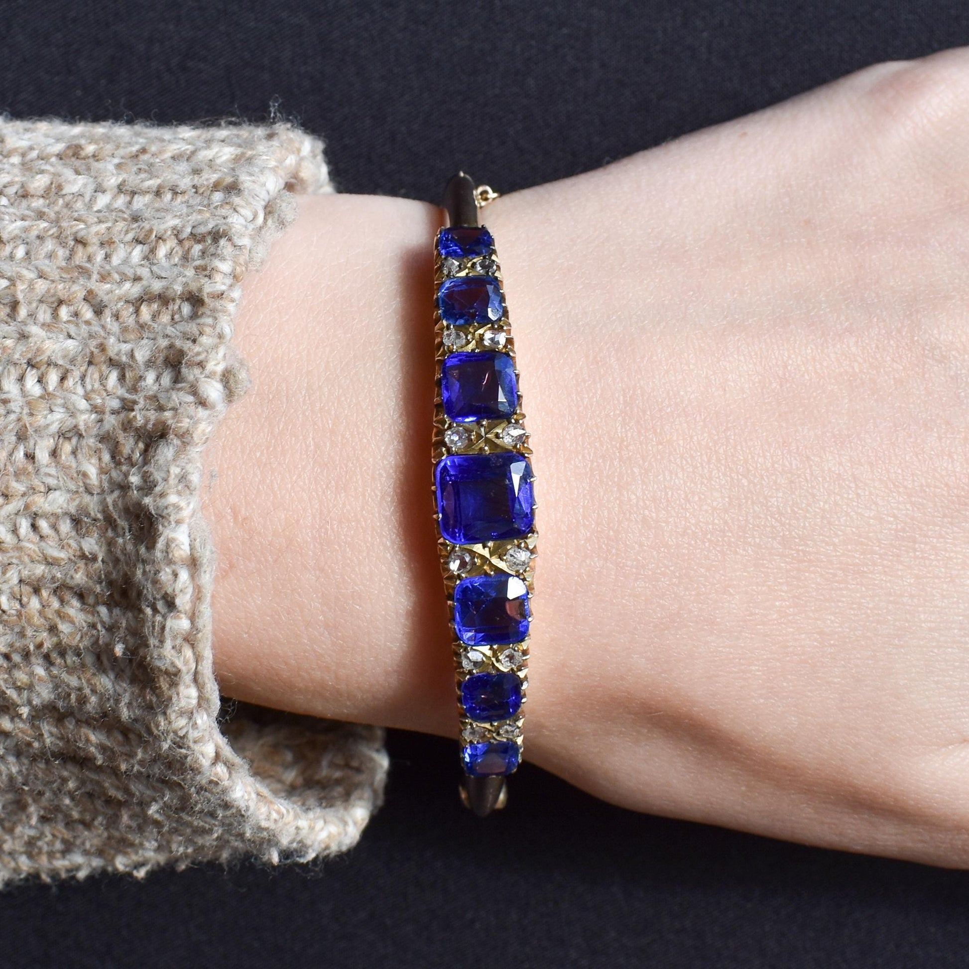 Antique Sapphire Paste and Diamond 9ct Gold Bangle Bracelet