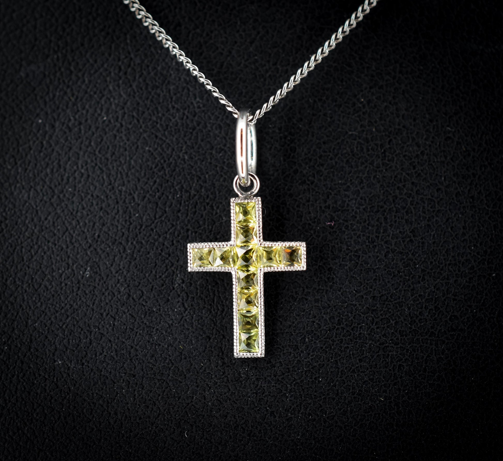 French Cut Green Sapphire Cross Platinum Charm Pendant - 0.50ct