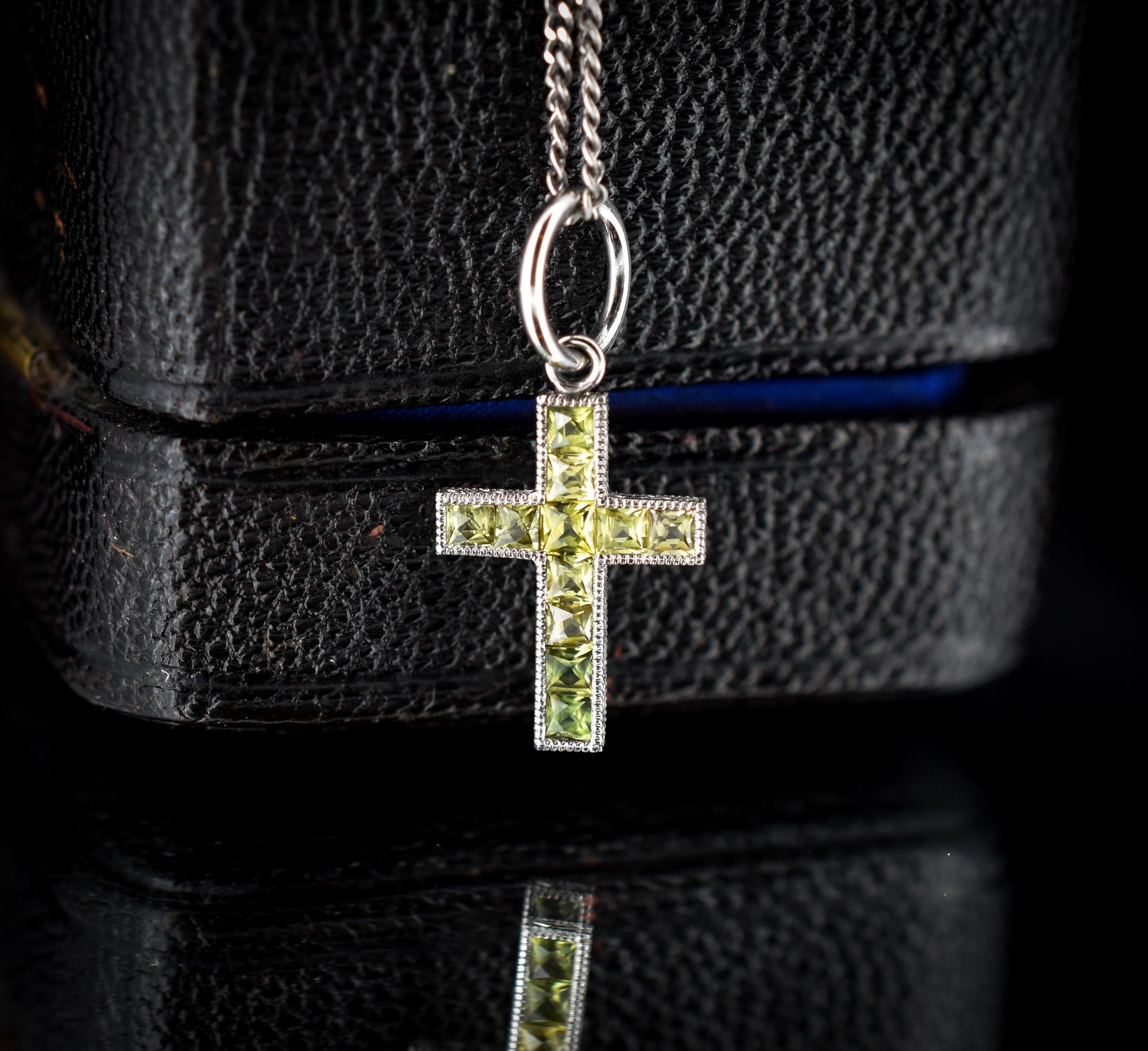 French Cut Green Sapphire Cross Platinum Charm Pendant - 0.50ct