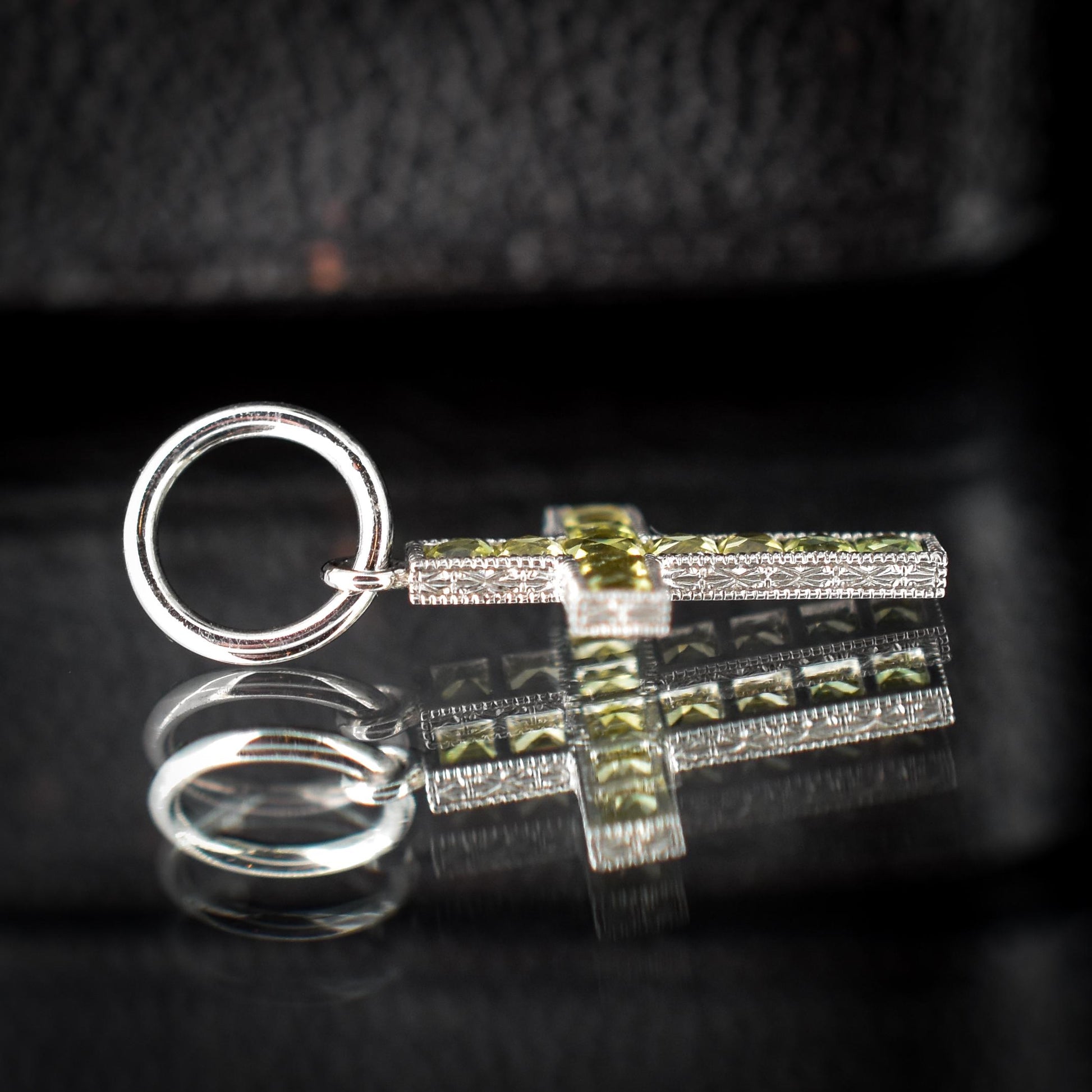 French Cut Green Sapphire Cross Platinum Charm Pendant - 0.50ct