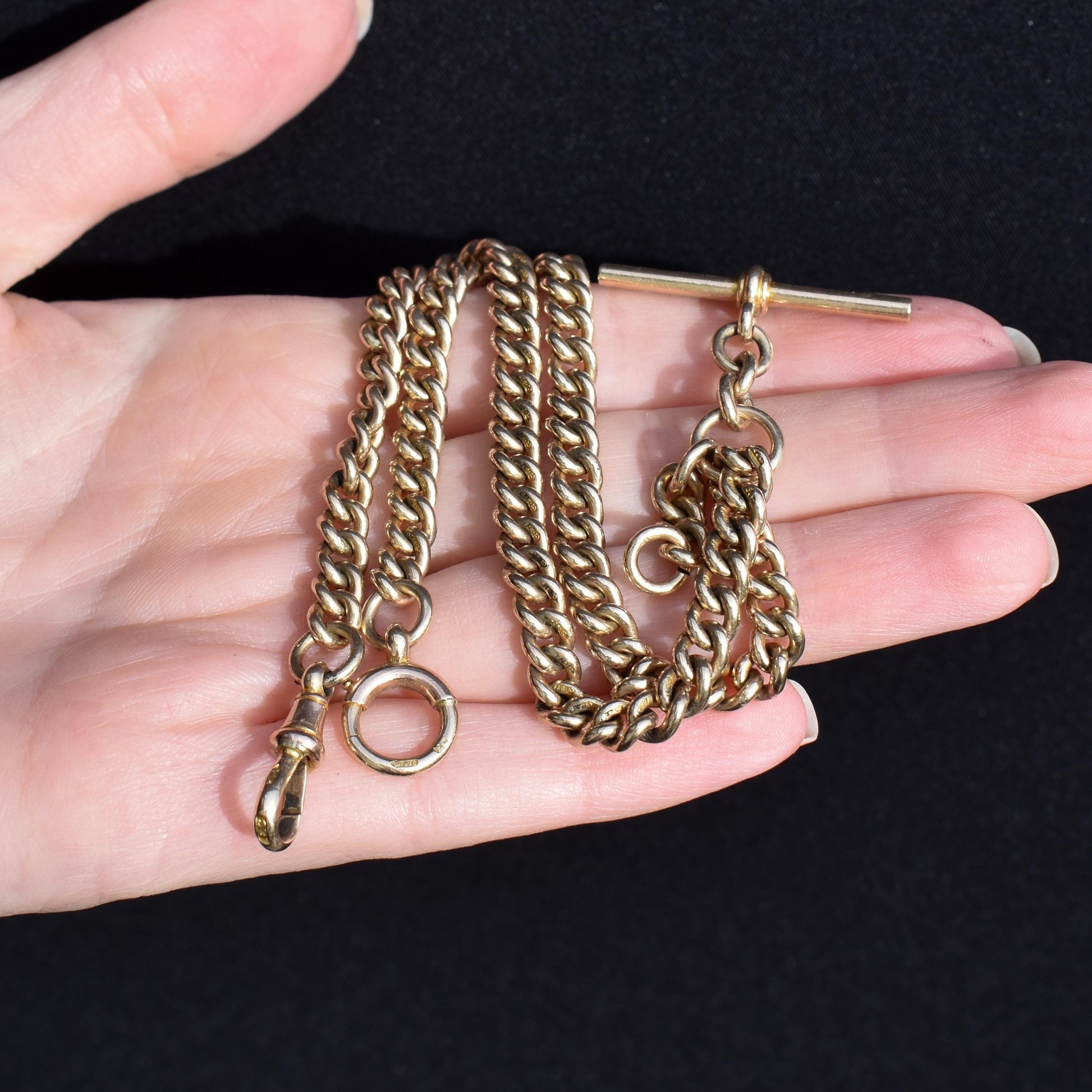 Antique 9ct Yellow Gold Bolt Ring and Dog Clip Curb Link Albert Watch Chain Necklace 14.5"