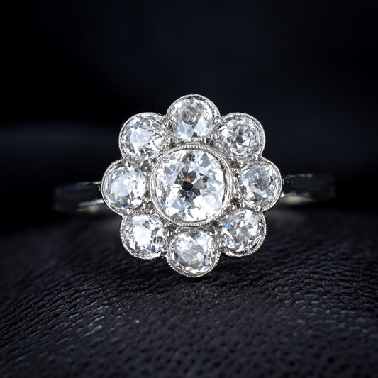 Antique 1.09ct Old Cut Diamond Cluster Daisy 18ct Gold Ring