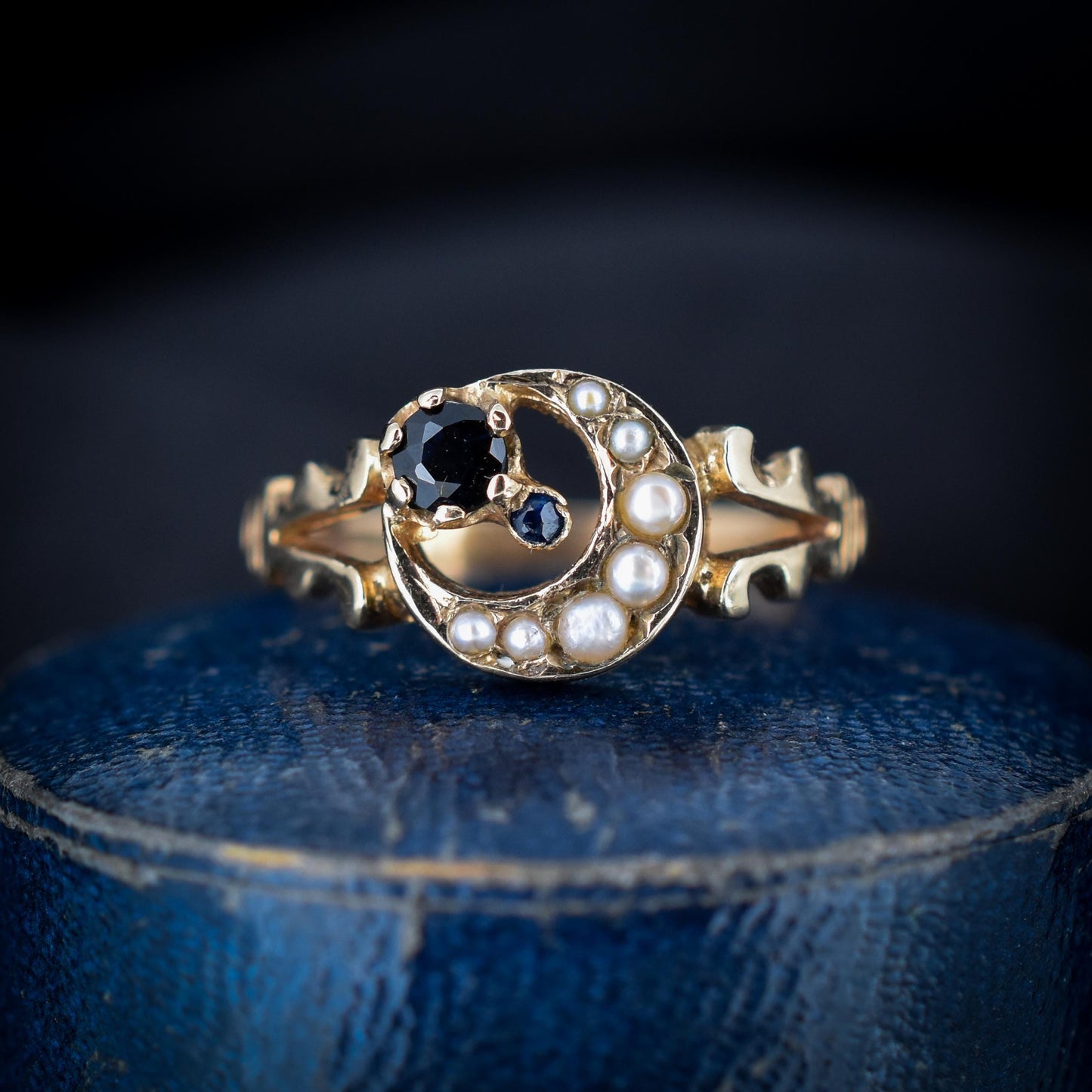 Vintage Pearl and Sapphire Crescent Moon 9ct Gold Ring