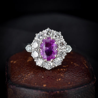 Pink Sapphire and Diamond Oval Cluster Halo Platinum Ring