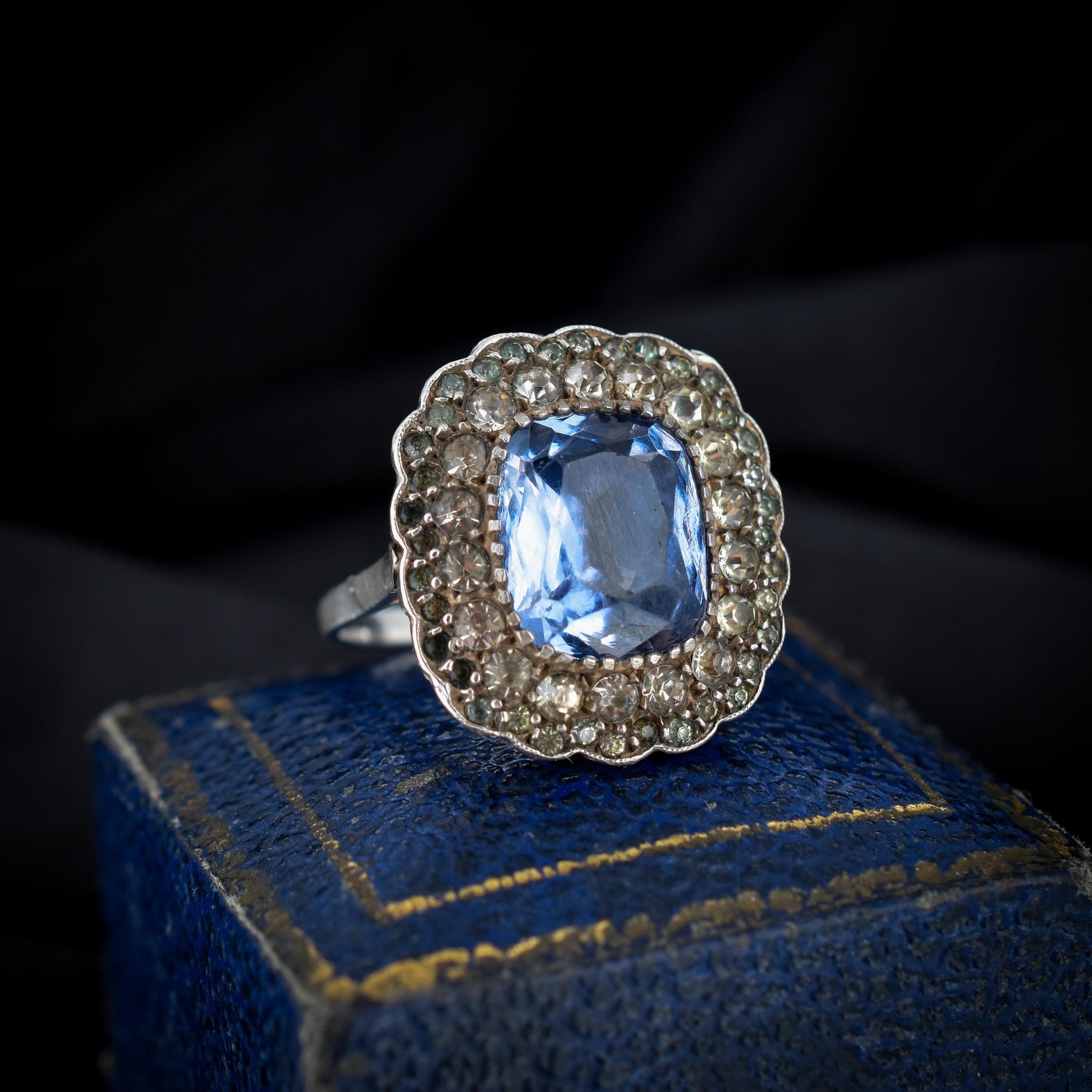 Antique French Blue Paste Silver Cluster Dress Ring