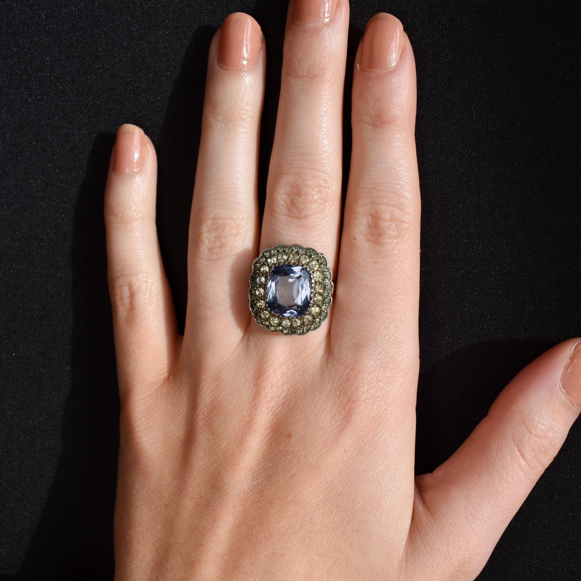 Antique French Blue Paste Silver Cluster Dress Ring