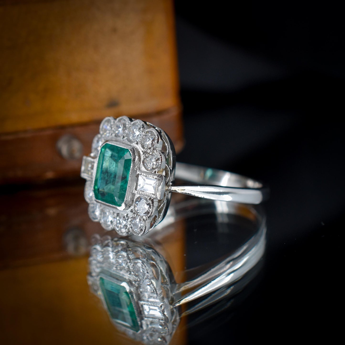 Emerald and Diamond Cluster Halo Platinum Ring | Engagement | Art Deco Style