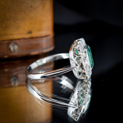 Emerald and Diamond Cluster Halo Platinum Ring | Engagement | Art Deco Style