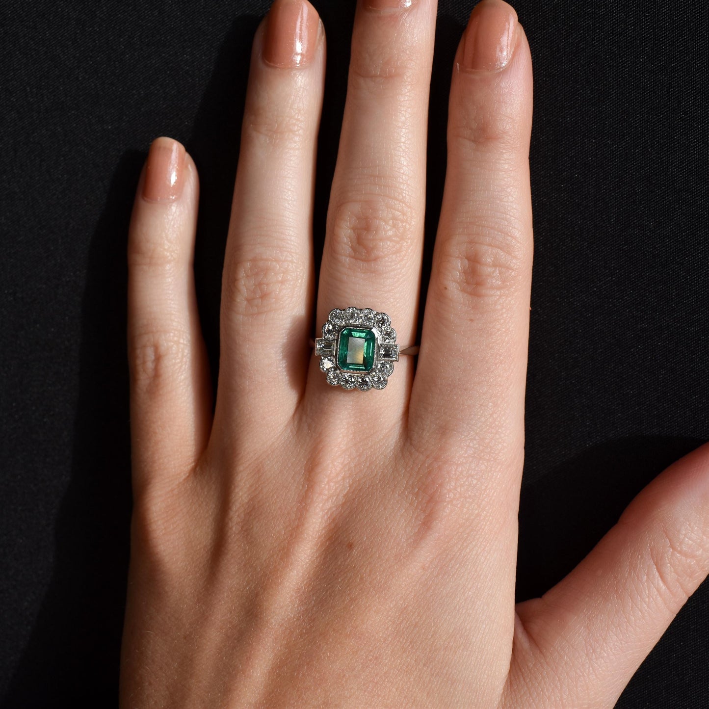 Emerald and Diamond Cluster Halo Platinum Ring | Engagement | Art Deco Style