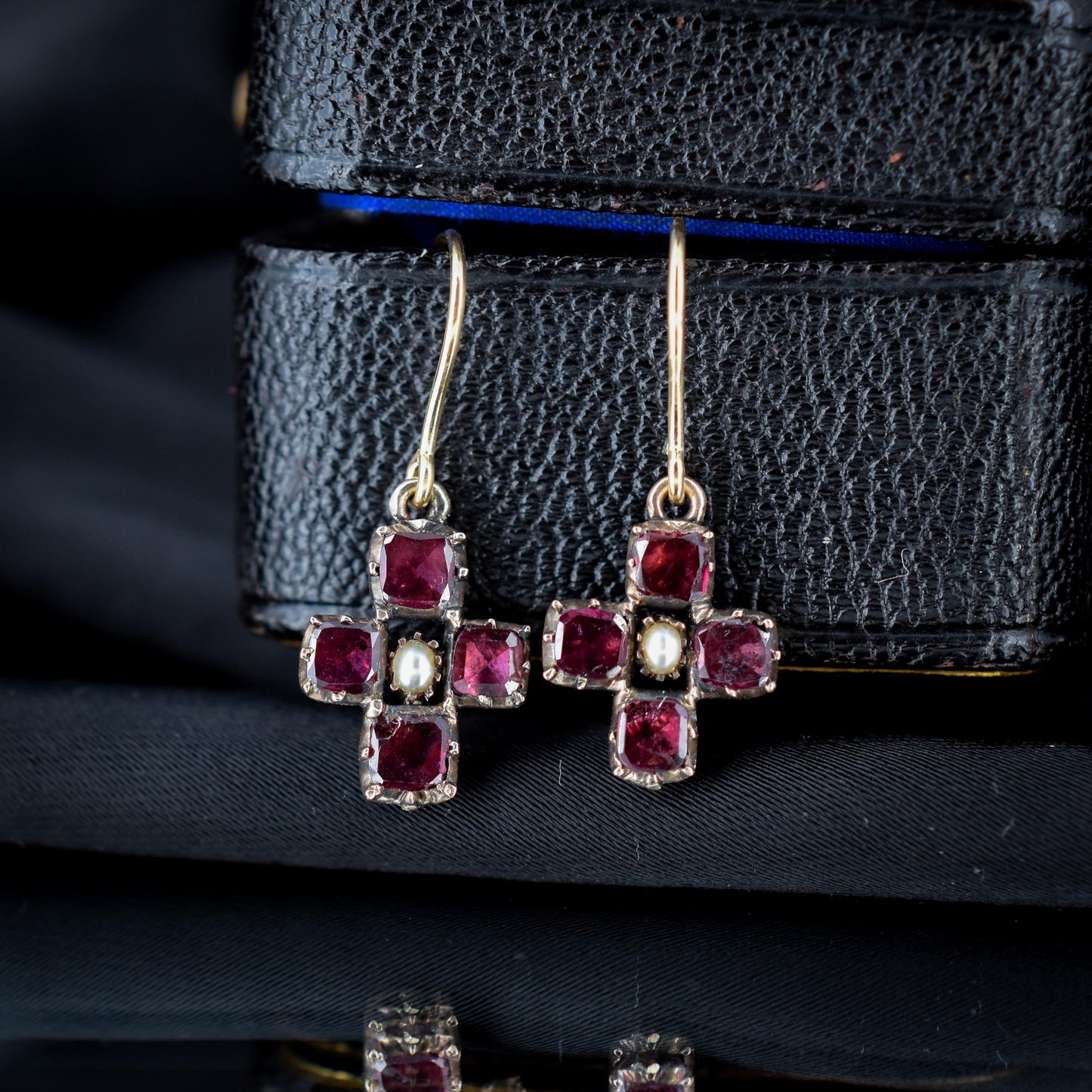 Antique Georgian Flat Cut Garnet and Pearl 9ct Gold Drop Earrings