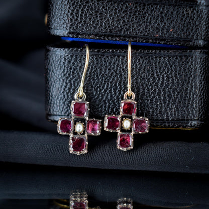 Antique Georgian Flat Cut Garnet and Pearl 9ct Gold Drop Earrings