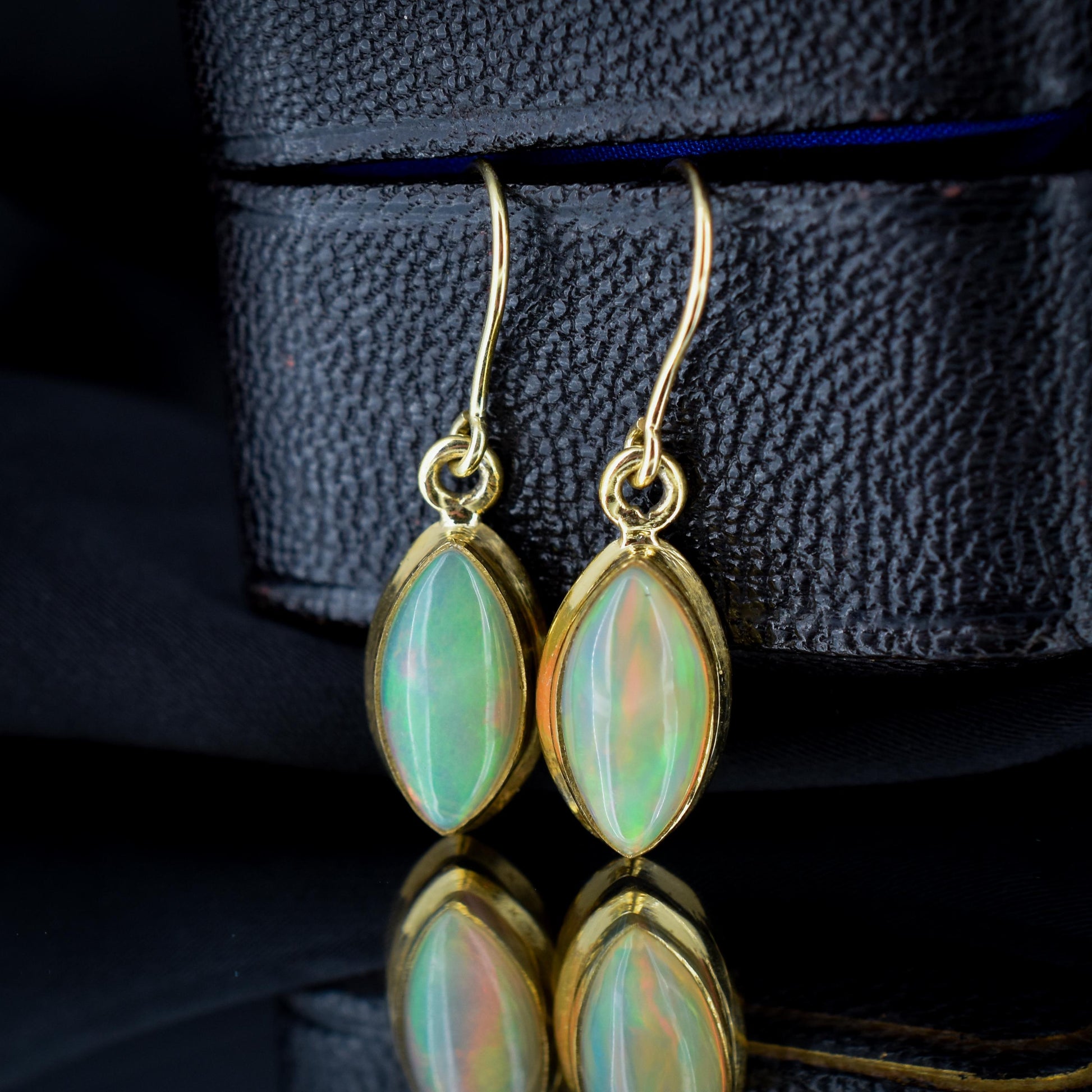 Opal Lozenge Yellow Gold Dangle Drop Earrings