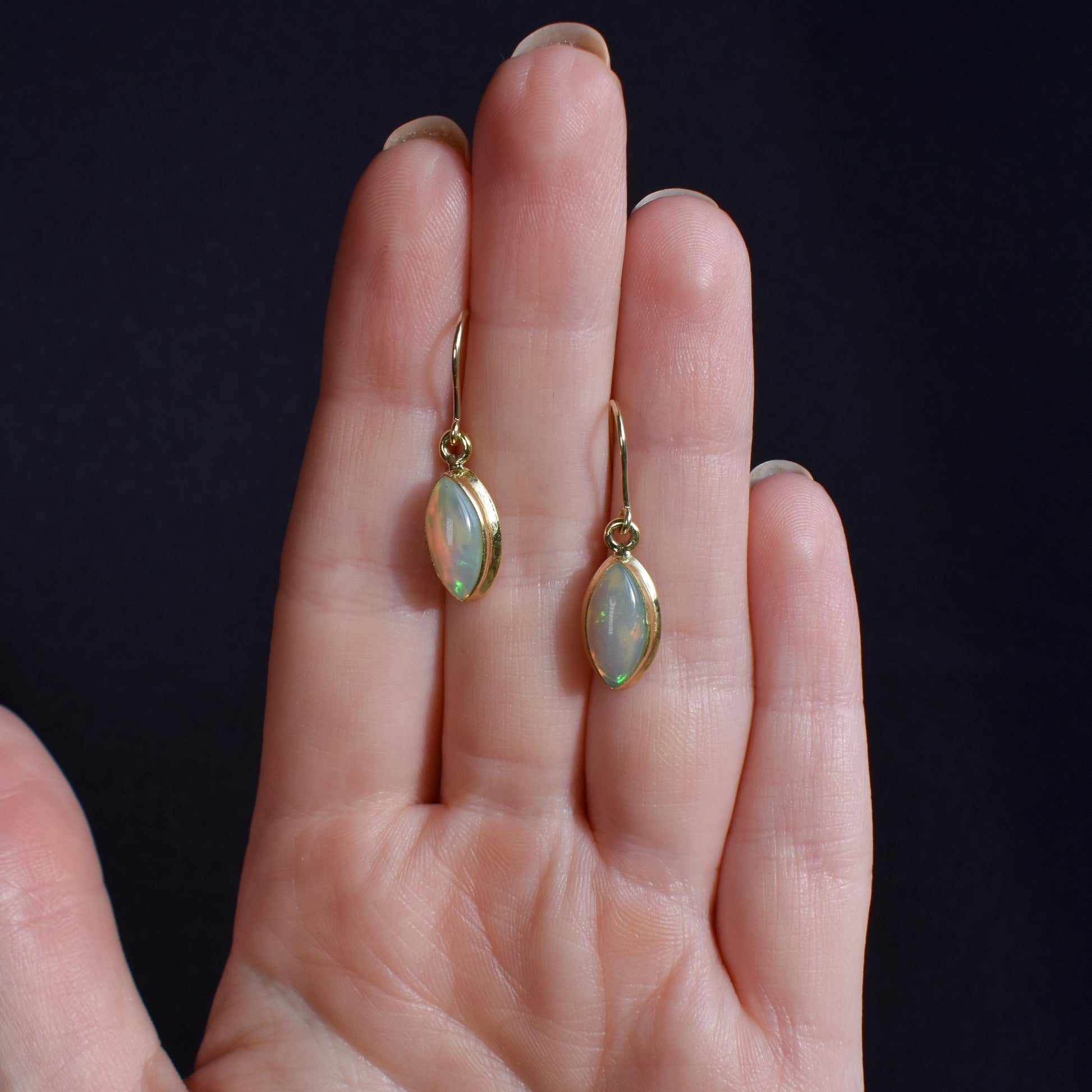 Opal Lozenge Yellow Gold Dangle Drop Earrings