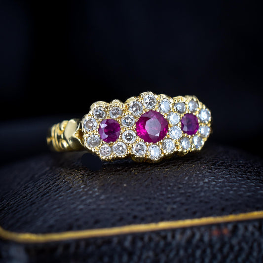 Antique Ruby and Diamond Triple Cluster 18ct Yellow Gold Ring