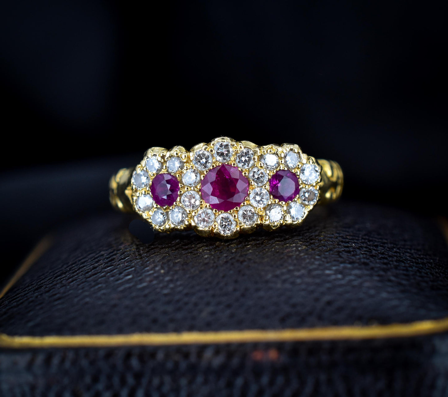 Antique Ruby and Diamond Triple Cluster 18ct Yellow Gold Ring