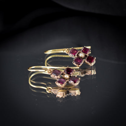 Antique Georgian Flat Cut Garnet and Pearl 9ct Gold Drop Earrings