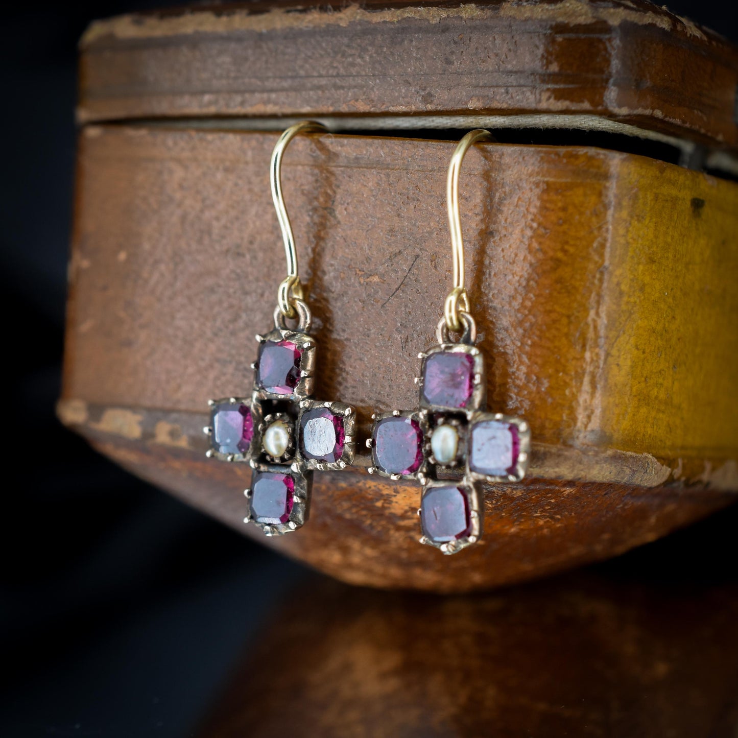 Antique Georgian Flat Cut Garnet and Pearl 9ct Gold Drop Earrings