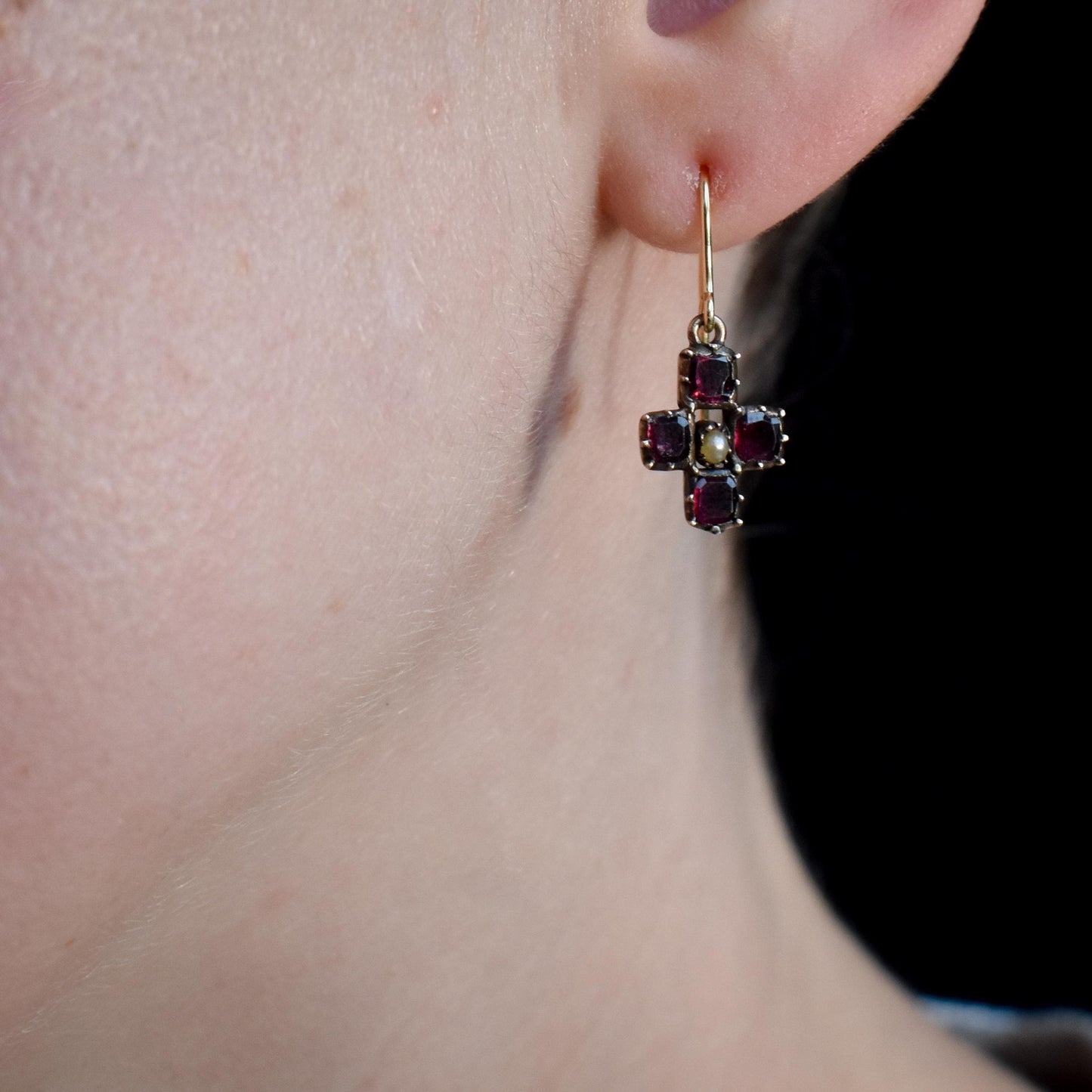 Antique Georgian Flat Cut Garnet and Pearl 9ct Gold Drop Earrings