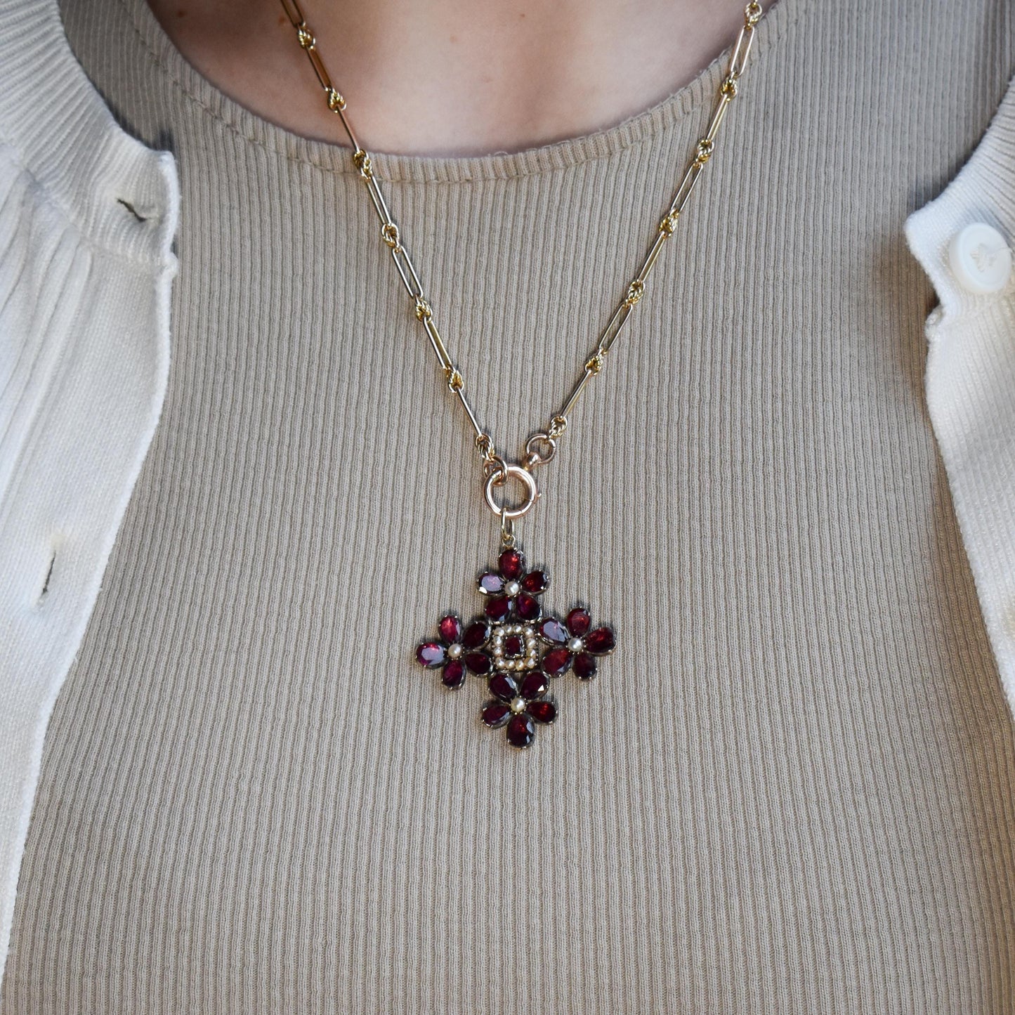 Antique Georgian Flat Cut Garnet Pansy Pearl Gold Pendant