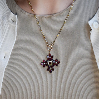 Antique Georgian Flat Cut Garnet Pansy Pearl Gold Pendant