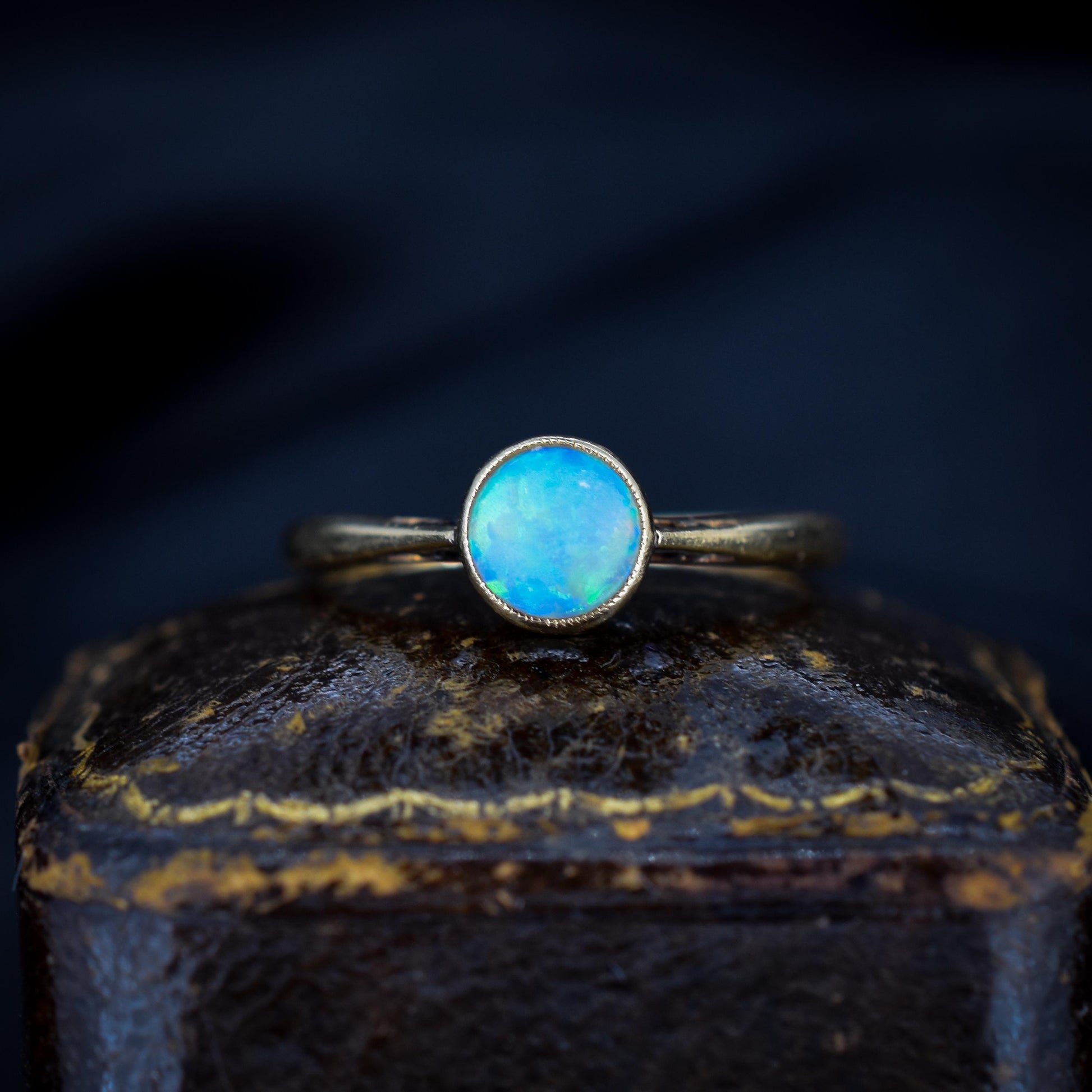 Antique Colourful Natural Opal Round Bezel Solitaire 18ct Yellow Gold Ring