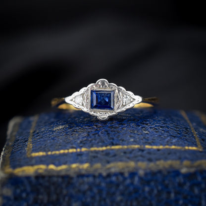 Art Deco Blue Sapphire and Diamond 18ct Yellow Gold and Platinum Ring | Antique