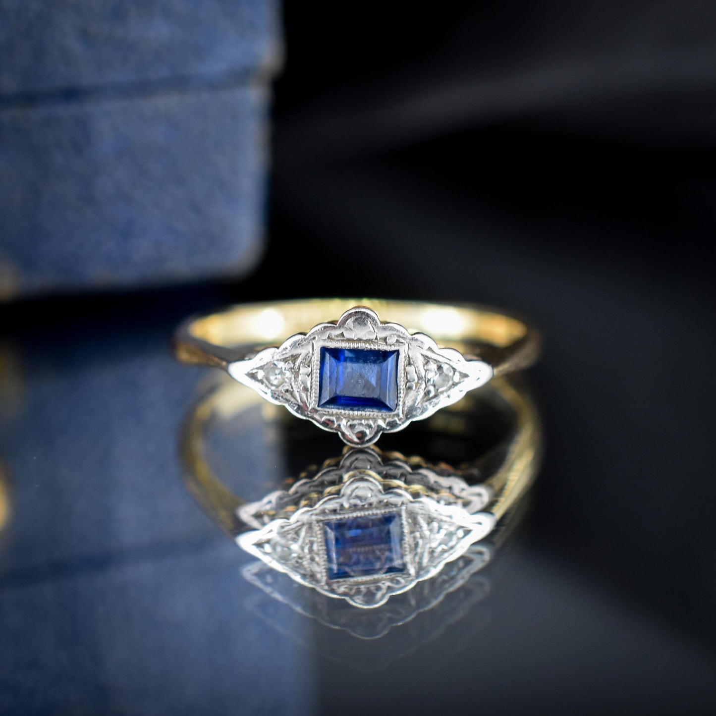 Art Deco Blue Sapphire and Diamond 18ct Yellow Gold and Platinum Ring | Antique