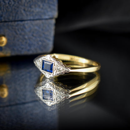 Art Deco Blue Sapphire and Diamond 18ct Yellow Gold and Platinum Ring | Antique