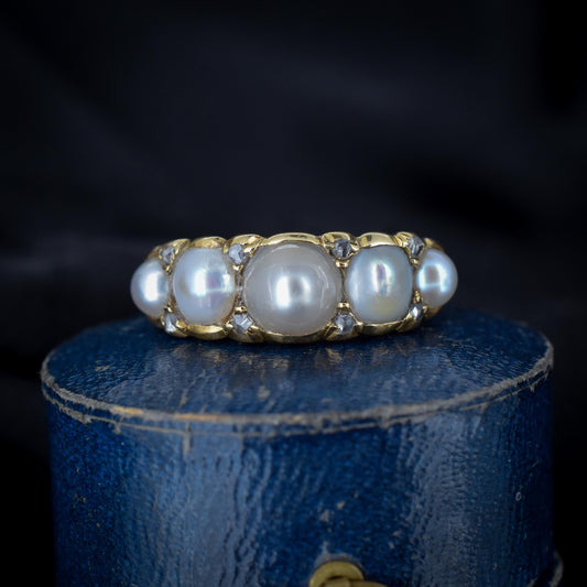 Antique Victorian Pearl and Diamond Five Stone 18ct Yellow Gold Ring Band