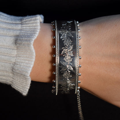 Antique Victorian Sterling Silver Floral Studded Bangle Bracelet | Dated 1884