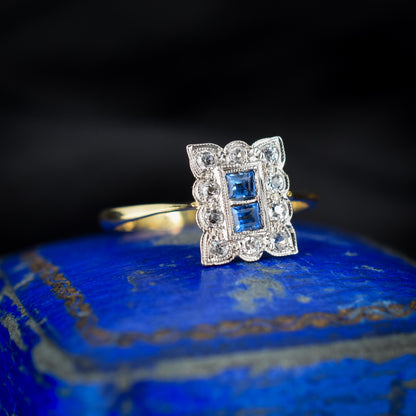 Art Deco Blue Sapphire and Diamond Halo 18ct Yellow Gold and Platinum Ring | Chester 1930