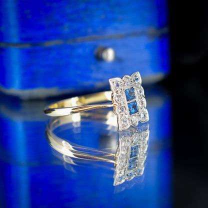 Art Deco Blue Sapphire and Diamond Halo 18ct Yellow Gold and Platinum Ring | Chester 1930