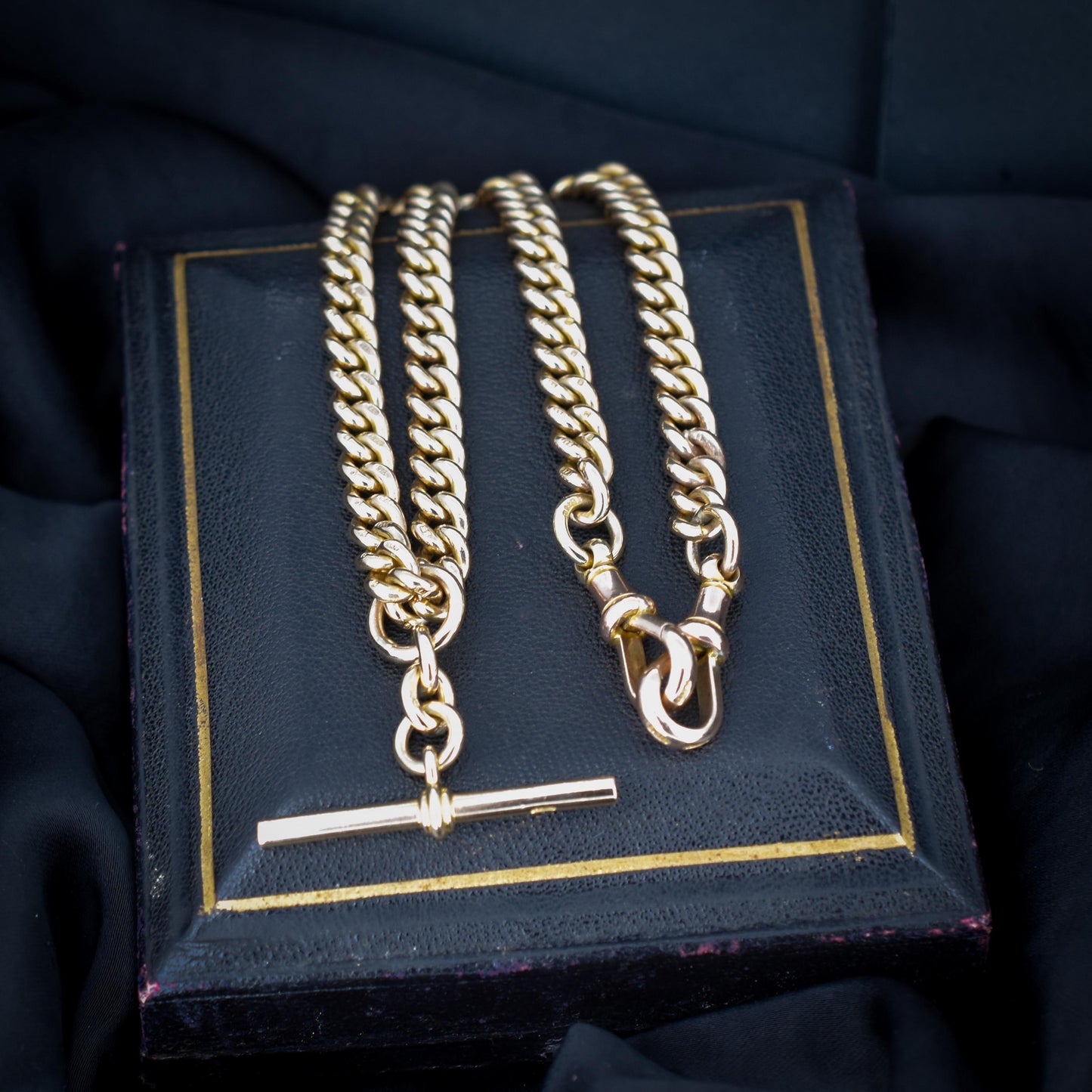 Art Deco '1926' 9ct Yellow Gold Double Dog Dog Clip Curb Link Albert Watch Chain Necklace 15.5"