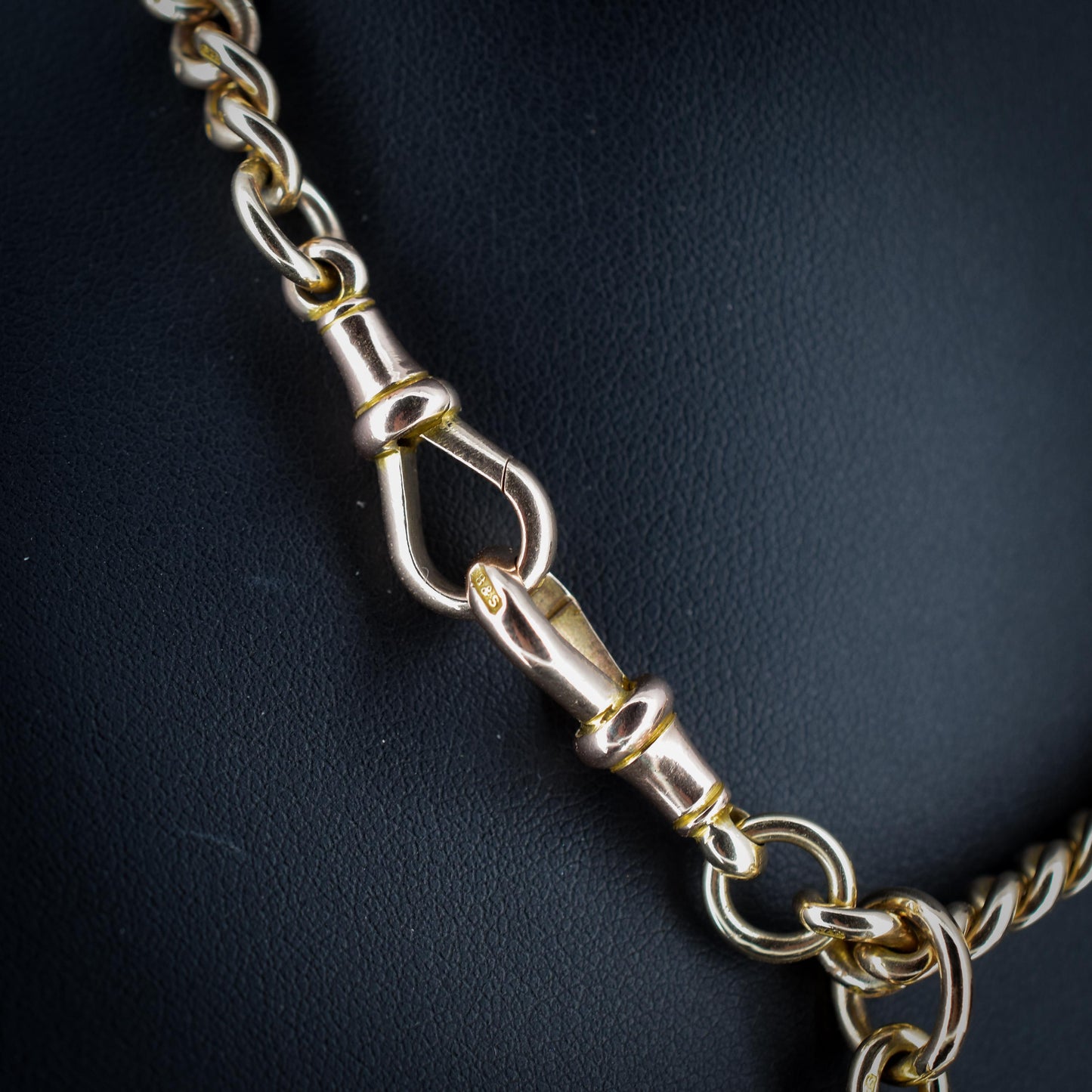 Art Deco '1926' 9ct Yellow Gold Double Dog Dog Clip Curb Link Albert Watch Chain Necklace 15.5"