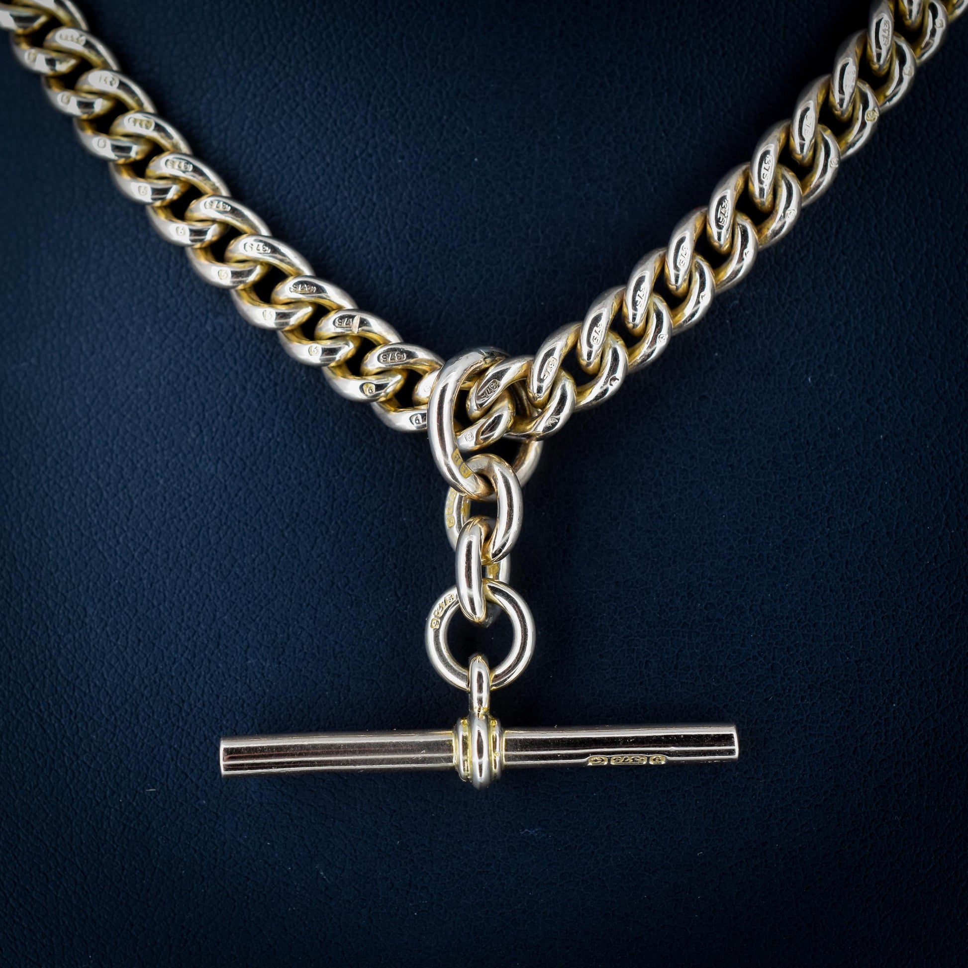 Art Deco '1926' 9ct Yellow Gold Double Dog Dog Clip Curb Link Albert Watch Chain Necklace 15.5"